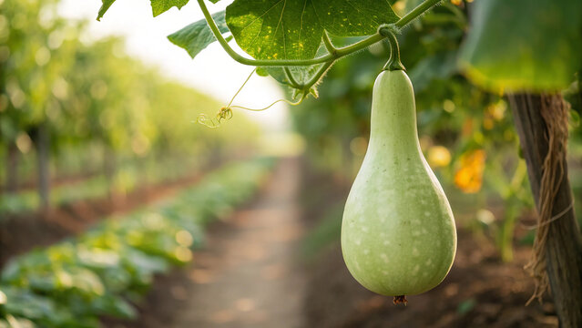 Single fresh bottle gourd hanging on a vine in a sunny organic vegetable farm field