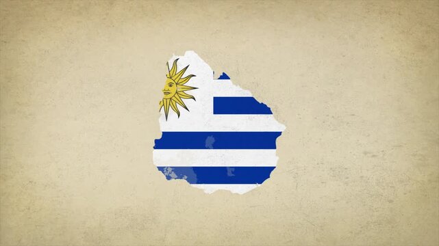 Animated Appearing Uruguay Map Filled with Flag Isolated on Vintage Background