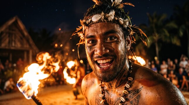 Smiling Polynesian fire dancer
