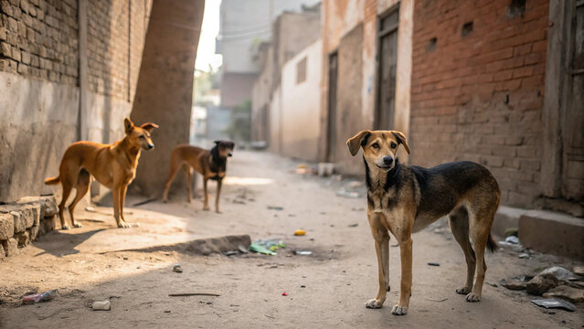 Street dogs of varying breeds standing and walking in narrow urban alleyway with brick walls