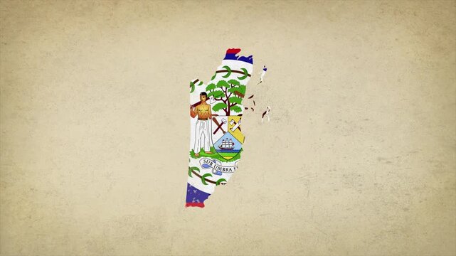 Animated Appearing BELIZE Map Filled with Flag Isolated on Vintage Background