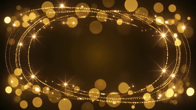 Golden bokeh particles with glowing light trails oval frame background, abstract bright celebration