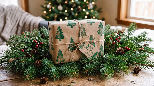 brown paper grocery bag turned inside out to wrap a christmas gift stamped with potato print pine trees using natural green ink resting gently among fresh evergreen boughs indoors
