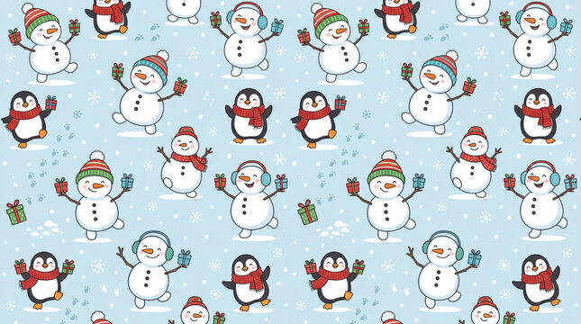 seamless cartoon pattern featuring happy dancing snowmen holding tiny gifts alongside cute penguins wearing red scarves over a pale blue snowy background for holiday wrapping paper
