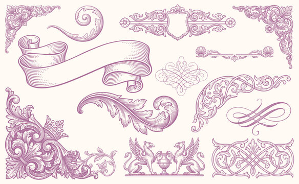 Set of swirls, scrolls, border, corner, frame, and design elements. Flourishes set for retro design, greeting cards, invitations, weddings designs and other. Vector set.
