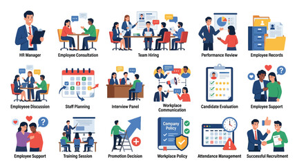 Fototapeta premium Set of flat human resources management icons showing workplace interaction team meetings and training sessions
