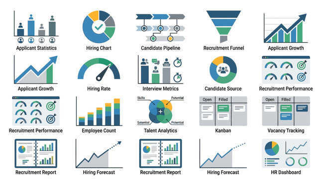 Set of professional recruitment and human resources analytics icons featuring recruitment dashboards performance metrics and hiring charts