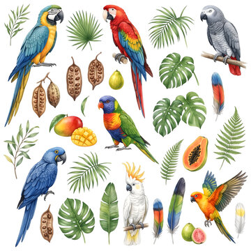 Tropical Parrots and Exotic Fruits Watercolor Clip Art Set with Palm and Monstera Leaves