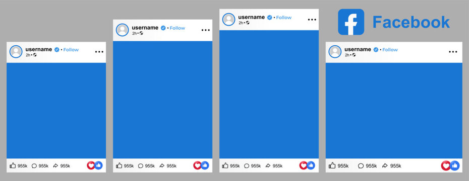 Facebook post template mockup, showing light mode layouts with various ratios, featuring blue content boxes and profile headers