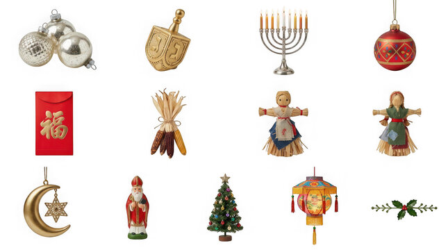 Collection of various holiday and cultural ornaments isolated on transparent background
