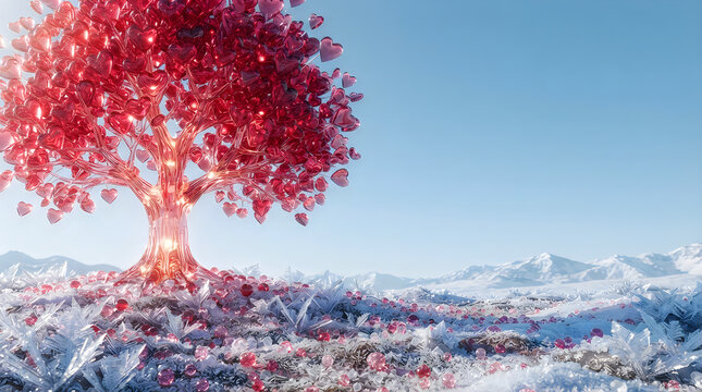 Beautiful red tree with bright colorful leaves standing on a landscape under a clear blue sky
