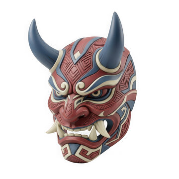 Japanese demon mask with horns and intricate patterns isolated on transparent background