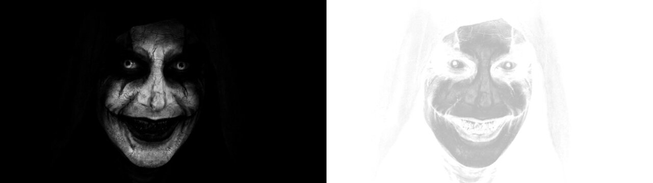 A high-contrast PNG portrait of a terrifying jester with cracked makeup, sinister smile, and sharp teeth. Isolated on transparent background, perfect for horror, Halloween projects, and dark fantasy.