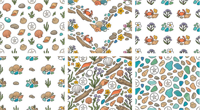 Coastal beachcombing seamless pattern set featuring seashells sea glass sand dollars driftwood pebbles crabs and ocean flora vector illustration