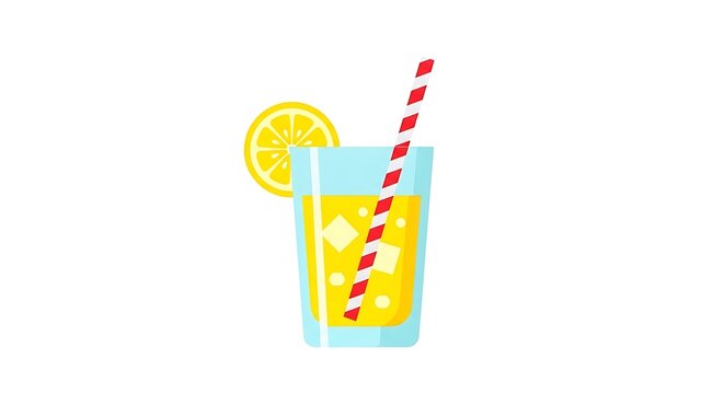 Flat vector illustration of a refreshing glass of lemonade with a striped straw and lemon slice