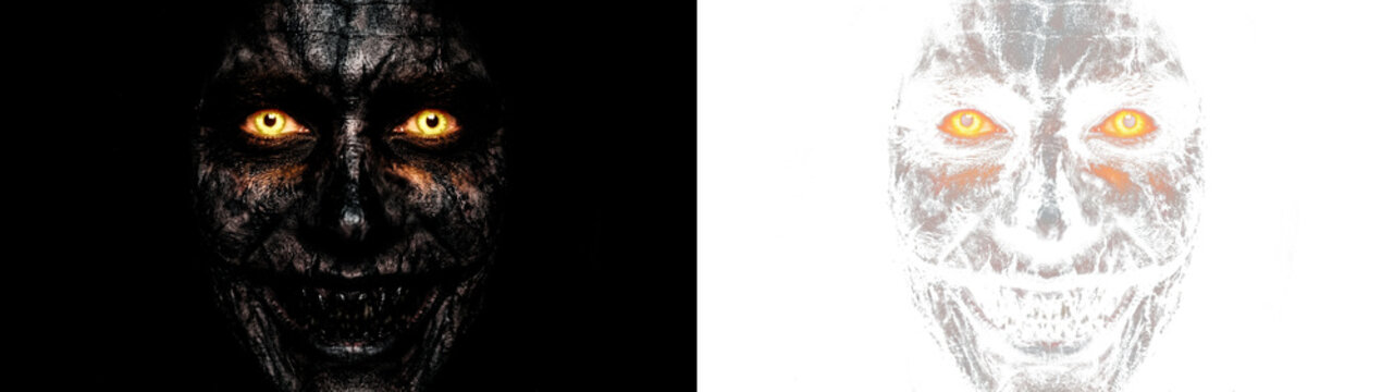 Highly detailed, featuring yellow eyes and a sinister smile. This realistic depiction of a horror character is presented in PNG format on a transparent background, making it easy to edit.
