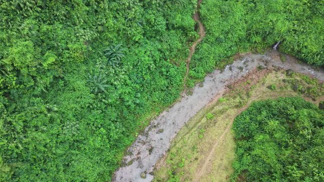 Natural Water Stream and Gravel Path in Mountain Valley Landscape