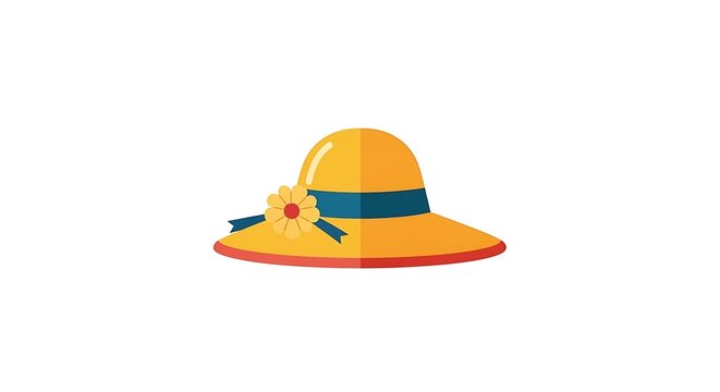 Yellow sun hat with a blue ribbon and flower decoration in a flat vector illustration style