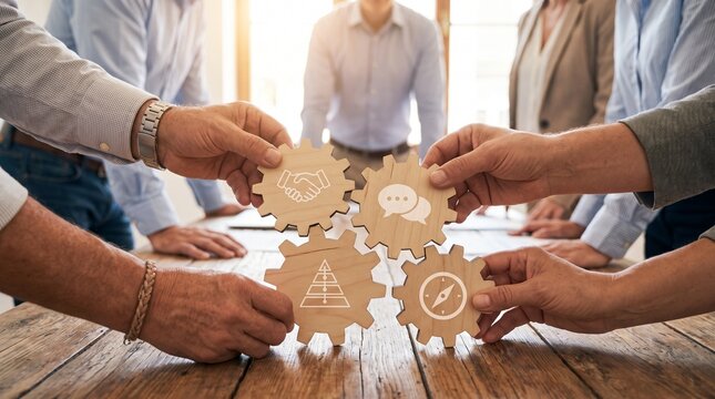 Diverse colleagues assembling wooden gear cogs with business icons in a bright modern office setting during collaboration.