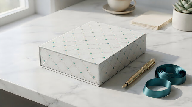 Elegant white gift box with gold heart pattern on a marble table with a golden pen and blue ribbon