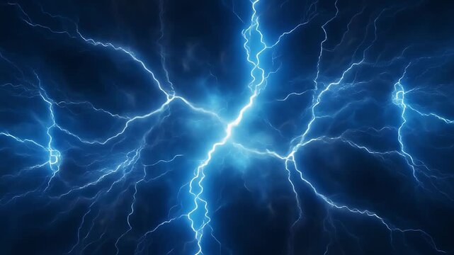 Intense blue electric lightning bolts background, voltage plasma discharge effect electricity energy