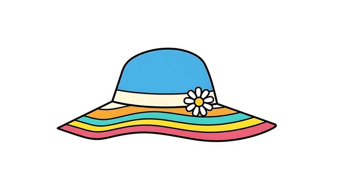 Colorful sun hat with a daisy flower illustration on a white background in a flat vector style