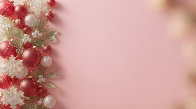 Red christmas ornaments and snowflakes on a soft pink background with space for text