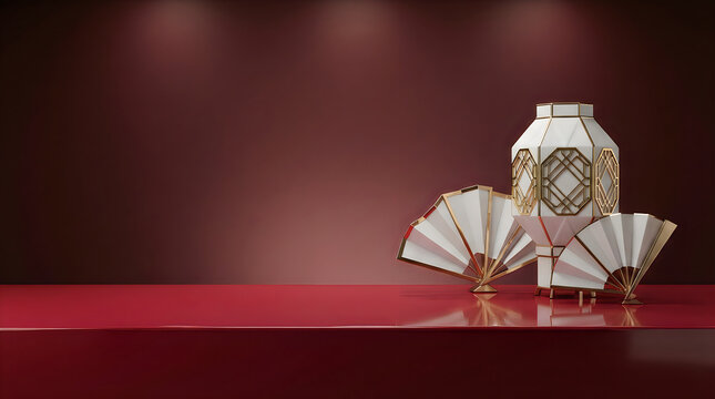 Traditional chinese lantern and folding fans on a red table for lunar new year celebration