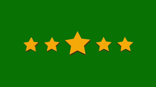 Five golden stars rating animation, customer feedback and review concept with glowing 3d star icons, product service quality satisfaction symbol motion graphics on transparent green background video