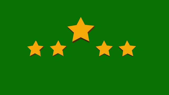 Five star rating review animation with five golden stars, customer feedback and product quality concept, shimmering rating icons motion graphics on green transparent background 4k 3d video
