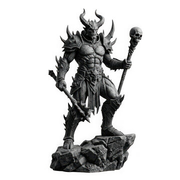 Menacing demon warrior statue holding a skull staff and mace standing on rocks isolated on transparent background