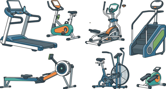 Cardio exercise equipment set featuring treadmill stationary bike elliptical trainer stair stepper rowing machine air bike and mini stepper vector illustration