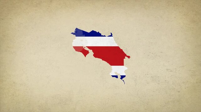 Animated Appearing COSTA RICA Map Filled with Flag Isolated on Vintage Background