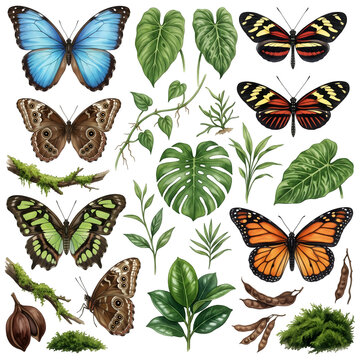 Exotic Tropical Butterflies Insect Watercolor Clip Art Set with Rainforest Leaves and Moss