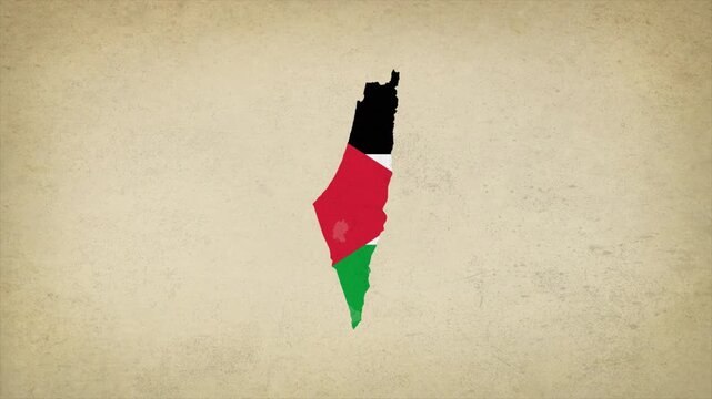 Animated Appearing PALESTINE Map Filled with Flag Isolated on Vintage Background