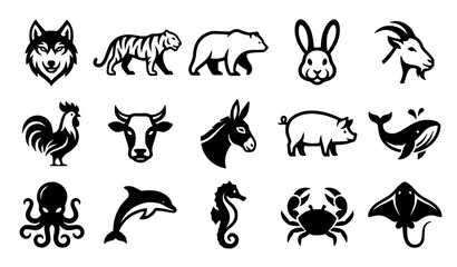 Obraz premium Minimal Animal Logo Icons for Wildlife Farm and Marine Branding Vector Collection