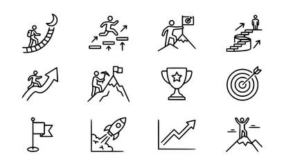 Fototapeta premium Success and Career Growth Line Icons with Ladder Goals Achievement and Business Strategy Vector