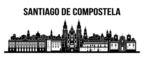 Fototapeta premium Santiago de Compostela Spain City Skyline Silhouette Vector Illustration Stencil Design of Cathedral and Historical Landmarks Isolated on White