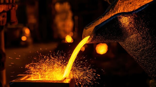 Molten metal pouring into a casting mold in a heavy industrial foundry