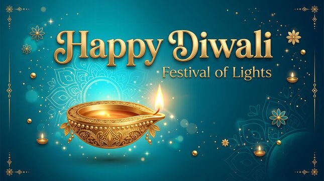 Beautiful decorative background for a happy diwali celebration featuring a traditional glowing oil lamp on blue