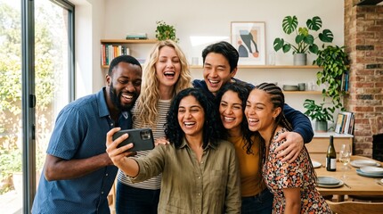 Obraz premium Diverse group of friends laughing and taking a selfie together in a bright modern home kitchen