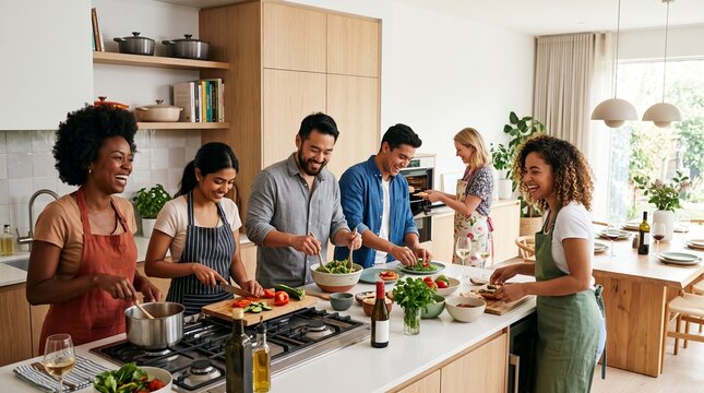 Diverse group of friends laughing and cooking together in a modern bright kitchen preparing a healthy meal