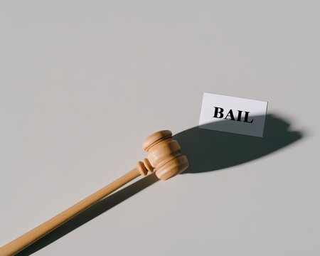 Wooden gavel holding white card with bail text in minimalist studio setting