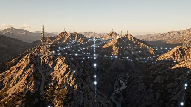 Telecommunication towers connected by glowing digital data mesh over rugged mountain landscape in this cinematic motion technology video animation clip