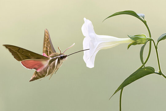 Moth hovering beside white trumpet flower while feeding on nectar