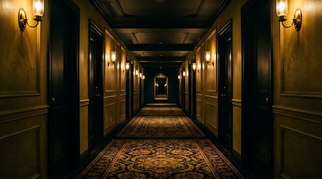 Long dark hallway with vintage wall lamps
