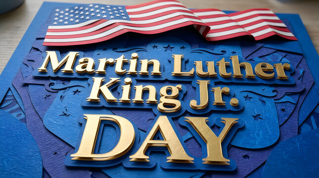 Martin luther king jr day sign with a waving american flag on a blue layered paper background