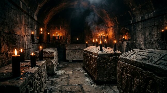 Candles lit in dark ancient stone room