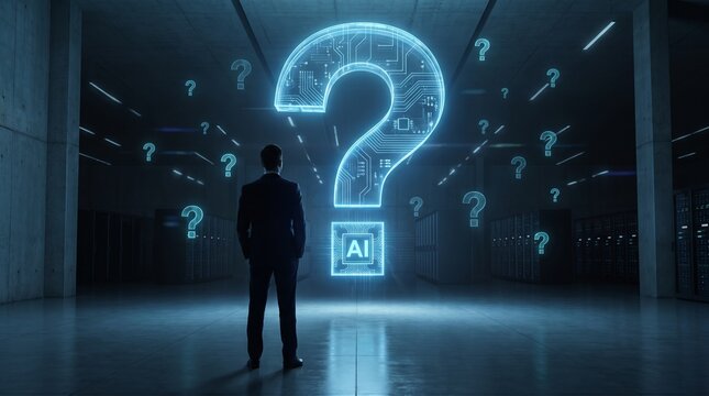 Businessman staring at a glowing cyan blue AI question mark symbol floating in a dark minimalist studio space.