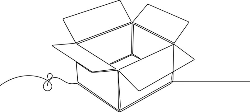 Continuous line drawing of an open cardboard box with string on a white background.